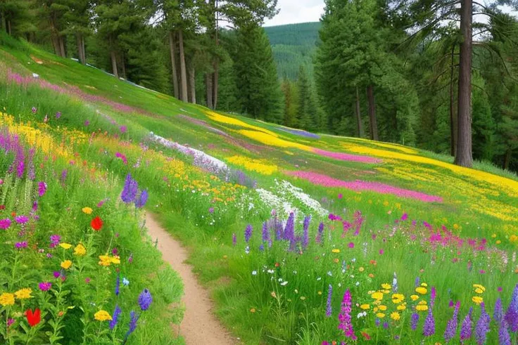 slope, wildflowers, colors, shapes,  trees, bushes, shade, bees, butterflies, fragrance, breeze, canvas, photograph.