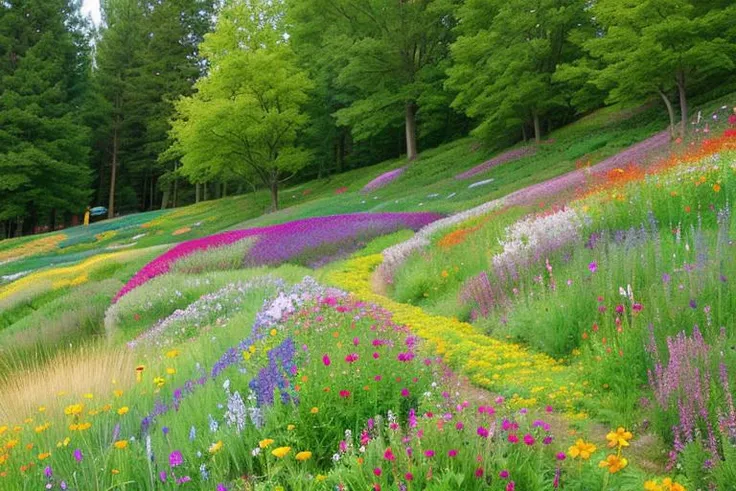 arafed field of flowers and trees in a forest