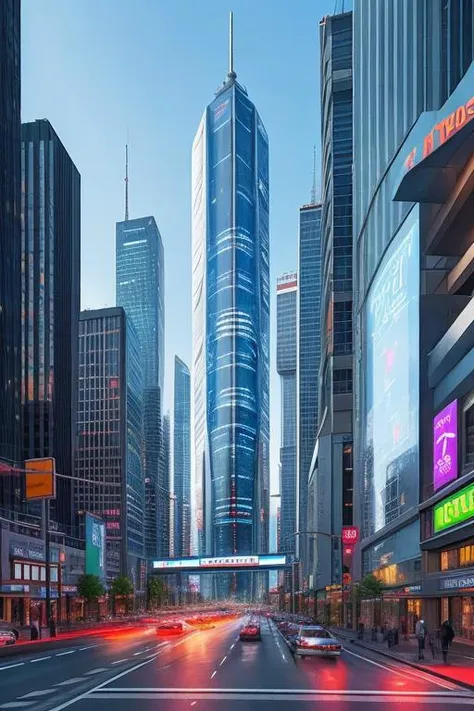 ((Best quality)), ((masterpiece)), ((realistic)), portray a towering highrise office building in a futuristic cityscape. Capture the bustling atmosphere and vibrant neon lighting. The modern and sleek architectural style should be emphasized, showcasing th...