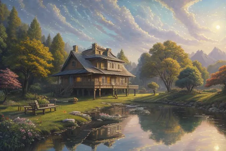 painting of a cabin by a lake with a bench and a bench