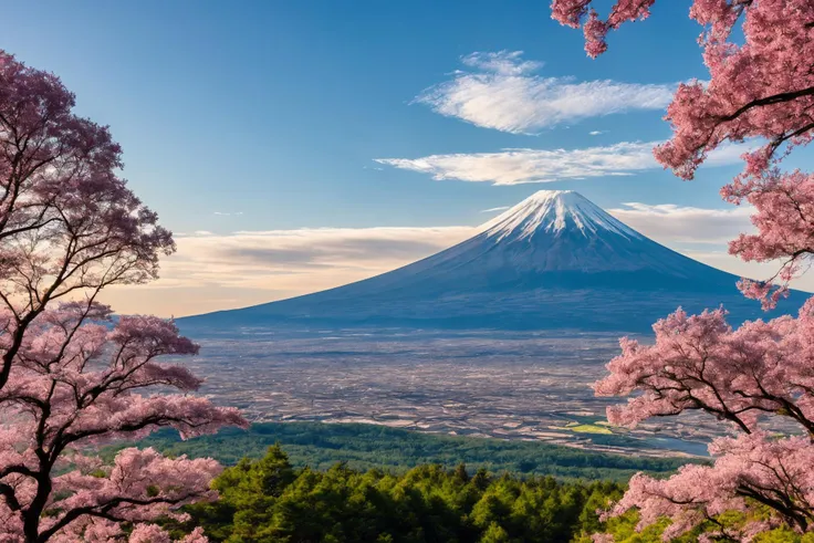 magnificent scenery, wide landscape, sharp and crisp background, very beautiful landscape, mt fuji, (cherry blossoms:0.4), best ...