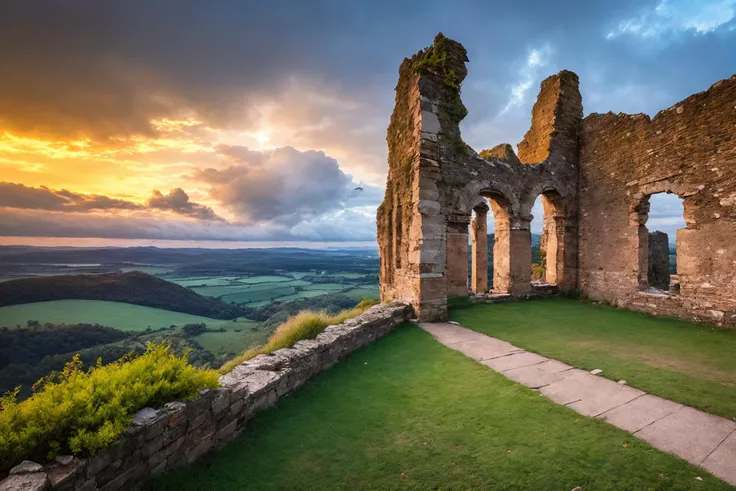 magnificent scenery, wide landscape, sharp and crisp background, very beautiful landscape, old ruins buildings, fantasy, birdvie...