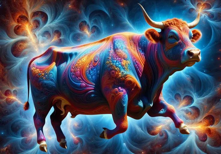 digital painting, full body, psychedelicai cow floating between time and space, fractal pattern, glow, smoke, mysterious, dreamlike, Meticulous, Refined, High-Quality, Well-executed, Extraordinary, Artistic Triumph, Unparalleled Masterwork, Sharp Focus, Pr...