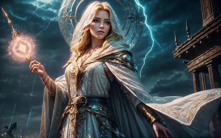 a woman in a white dress holding a wand and a lightning