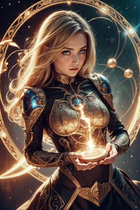 a woman in armor holding a glowing ball in her hands