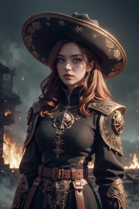 a woman in a large hat and black dress standing in front of a fire