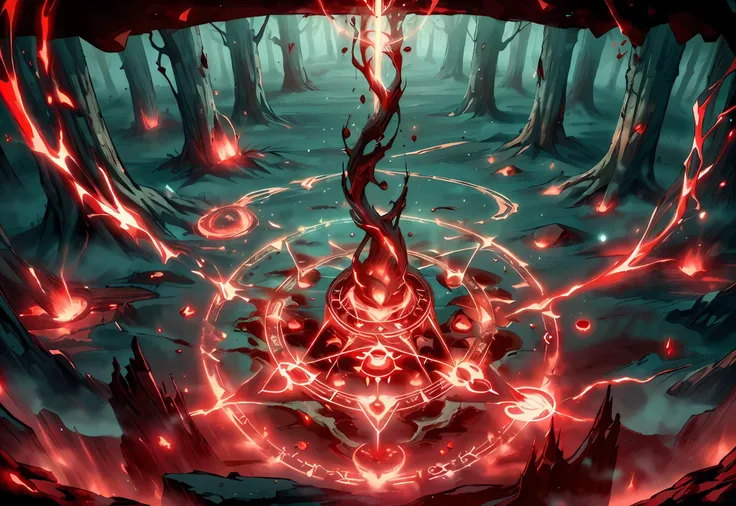 a red and black image of a demonic looking demonic looking object in a forest