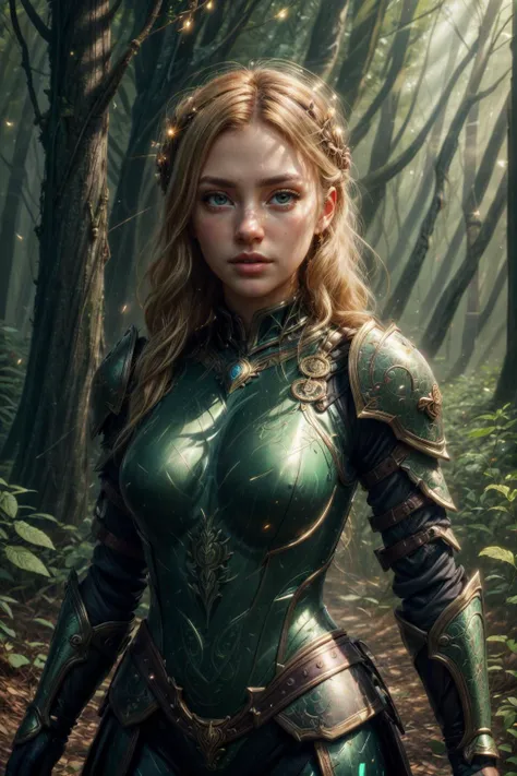 a woman in armor standing in the woods