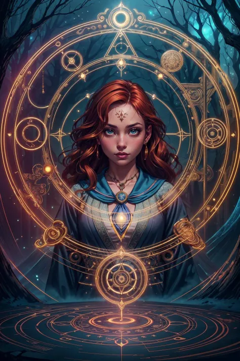 a woman with red hair and a blue dress stands in front of a circular circle with a star in the