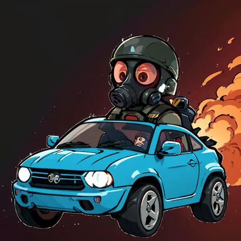 cartoon car with gas mask and gas can on top