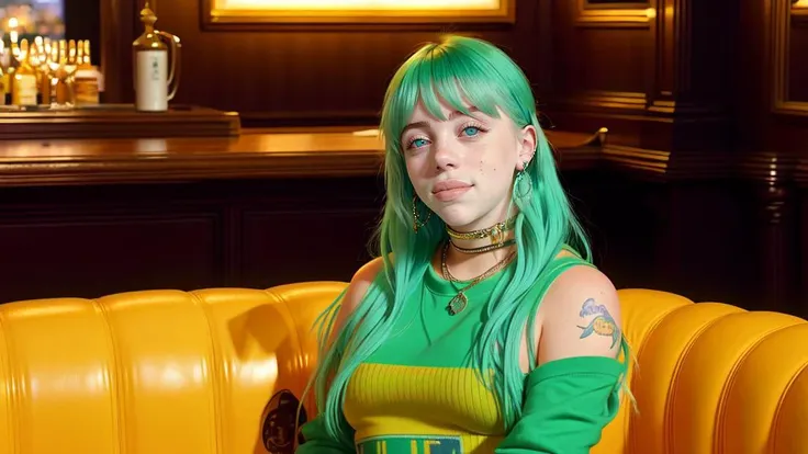 araffe with green hair sitting on a yellow couch in a bar