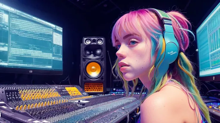 arafed woman with headphones and headphones in front of a mixing desk