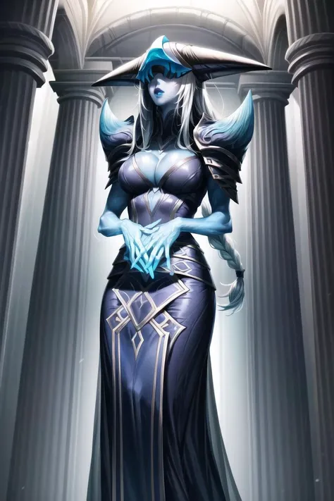 <lora:Lissandra_Default:1>,lissandra, 1girl, blue skin ,helmet, long dress, pauldrons, braid,(single braid),white hair, helmet over eyes,long braid,white,purple lips,light blue gloves,armor,blue pauldrons,blue long dress,thick lips,cleavage,elegant,dark bl...