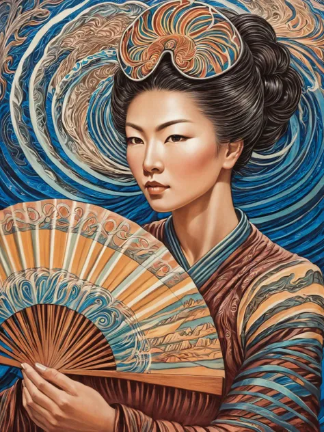 a woman holding a fan, Amanda Sage style,  <lora:last-000002:0.79>,
utagawakuniyoshixl,  <lora:UtagawaKuniyoshiXL_v1:0.34>, (wave:0.14),
bold colors, high contrast, extremely detailed, high quality, highly detailed,