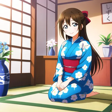 anime girl in kimono outfit sitting on the floor in front of a vase