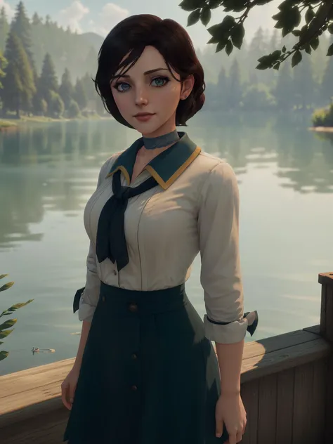 vibrant, bioshockelizabeth standing next to a lake, beautidul lake with trees, cute face, sunny weather, dramatic lighting, wallpaper, intricate, sharp focus, ray tracing, rtx, professionally color graded, professional photography, masterpiece, ultra detai...