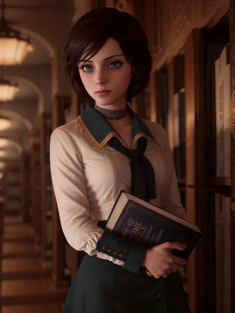 bioshockelizabeth standing in a library holding a book, cute face, dramatic lighting, wallpaper, intricate, sharp focus, ray tracing, rtx, professionally color graded, professional photography, masterpiece, ultra detailed, high quality, best quality, 4k, 8...