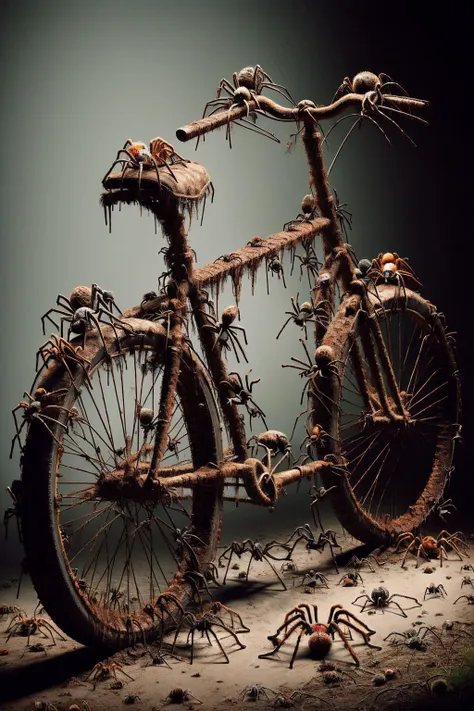 a close up of a bike with a spider on the front wheel