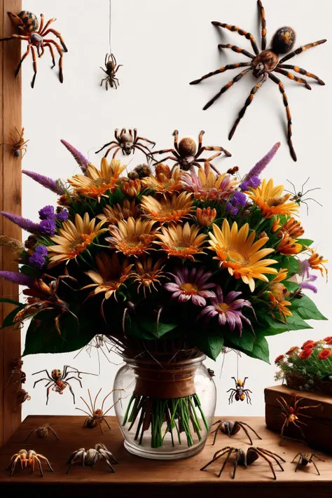 there is a vase of flowers and a spider on a table