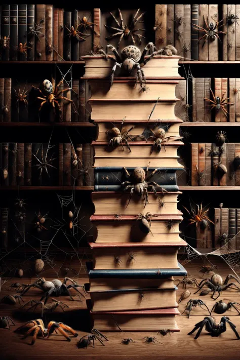 a close up of a pile of books with spider webs on them