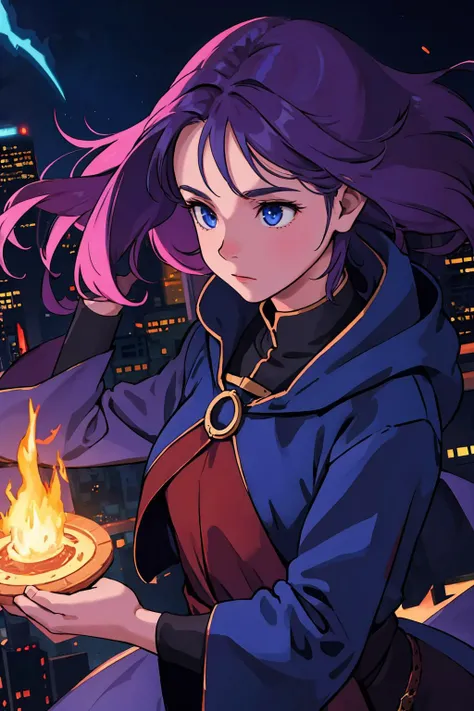 fantasy rpg, 
young female, mage, messy hair, 
mage outfit, 
surrounded by aura, 
in city, dawn, 
detailed skin, ultra high res,