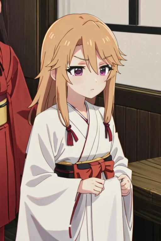 best quality, masterpiece, highres, solo, {white kimono:1.35}, {red hakama:1.35}, {wide sleeves:1.20}, {yuki_haru_theidolmastercinderellagirlsu149:1.15}, orange_hair, purple_eyes, long_hair, bangs, upper_body, blonde_hair, hair_between_eyes