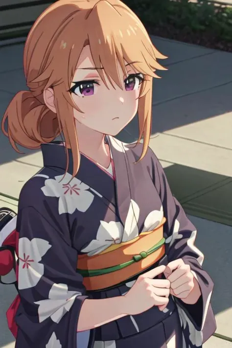 best quality, masterpiece, highres, solo, {yukata:1.40}, {kimono:1.20}, {yuki_haru_theidolmastercinderellagirlsu149:1.15}, orange_hair, purple_eyes, long_hair, bangs, upper_body, blonde_hair, hair_between_eyes