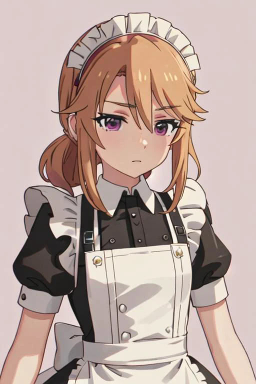 best quality, masterpiece, highres, solo, {maid:1.40}, {long maid dress:1.15}, {yuki_haru_theidolmastercinderellagirlsu149:1.15}, orange_hair, purple_eyes, long_hair, bangs, upper_body, blonde_hair, hair_between_eyes