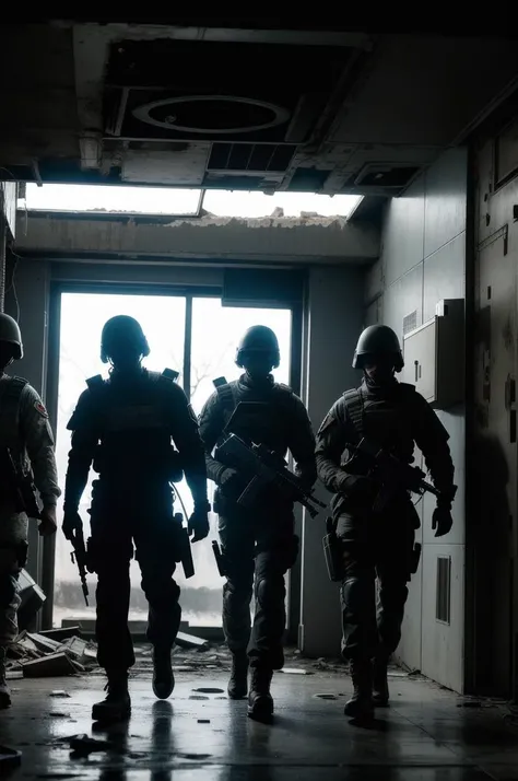 front view of a (small group:1.2) of futuristic soldiers with guns exploring a derelict space station, blood on the walls, flashlight, destroyed, dark, sci-fi, ultra detailed, high contrast, cinematic, atmospheric, tense, claustrophobic, shadows, eerie