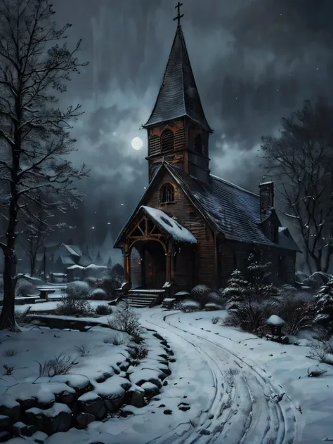 ancient church, night, winter, (surrealistic:0.9), gloomy magical atmosphere, detailed, digital artwork,  <lora:gazebonoir:0.7>