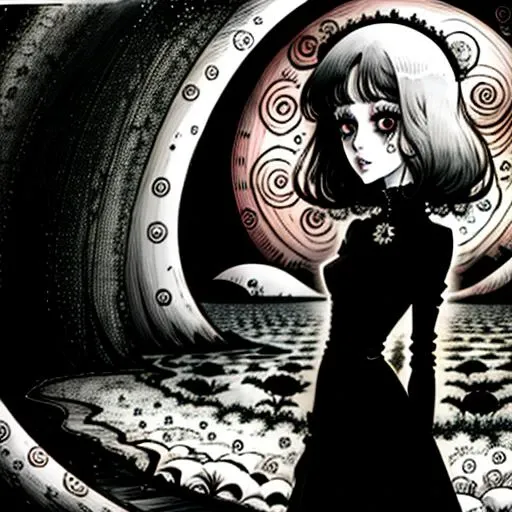 woman at the beach <lora:gazebonoir:1> junji ito style, tim burton style