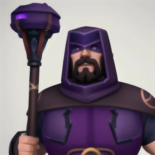 solo, simple background, 1boy,hood, facial hair, beard,<lora:getaidarkmag:0.7>,face portrait, covered eyes,eye cover,purple clothes,big muscles ,brown belt,holding staff