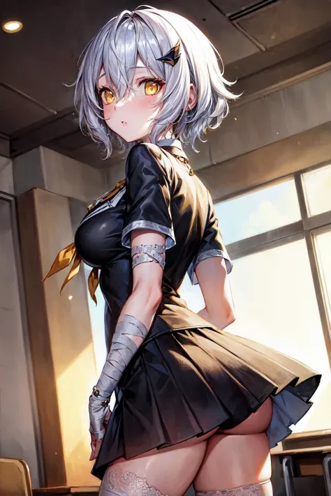 masterpiece,best quality,1girl,cvio,yellow eyes,silver hair,short hair,hair ornament,(school uniform:1.2),bandages,thighhighs,jewelry,necklace,expressionless,parted lips,looking back,light particles,classroom,night,dutch angle,from behind,<lora:Concept-con...