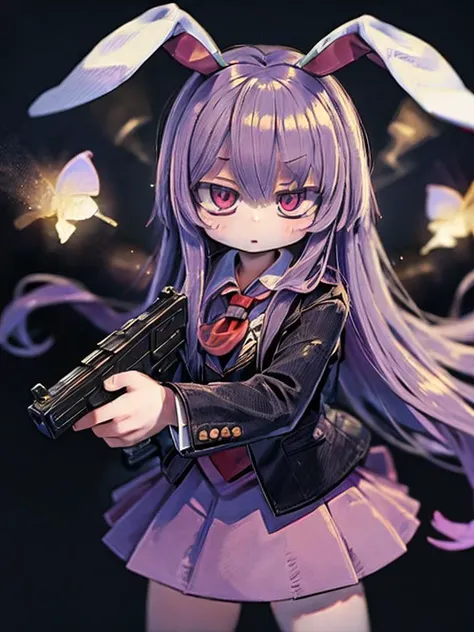 masterpiece, best quality, <lora:reisen:1>,1girl,reisen udongein inaba, purple hair,very long hair, rabbit ears, red eyes,black jacket,open jacket,necktie,white shirt,pink skirt,glock17,handguns,holding pistol,reloading,<lora:glock17:0.6> <lyco:BetterGuns-...