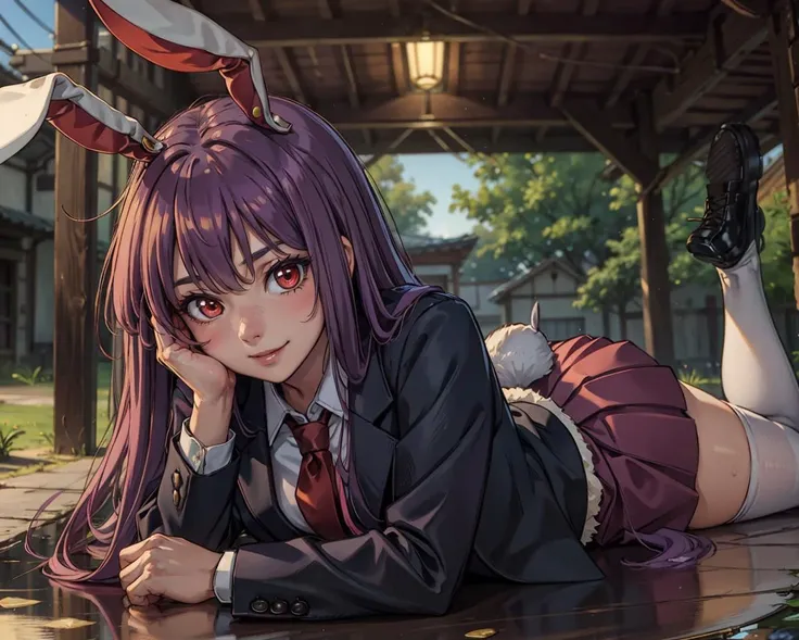 <lora:reisen:1>, 1girl, animal ears, bangs, black footwear, blazer, blouse, blurry, blush, danmaku, jacket, long hair, long sleeves, looking at viewer, lying, necktie, on stomach, pleated skirt, purple hair, rabbit ears, rabbit girl, rabbit tail, red eyes,...