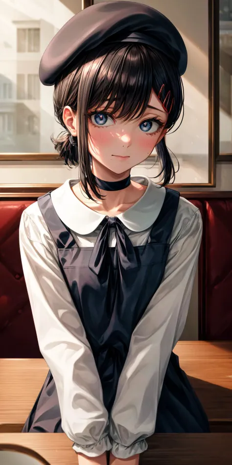 anime girl sitting at a table with a cup of coffee