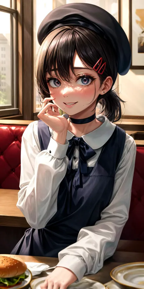 anime girl sitting at a table with a hamburger and a sandwich