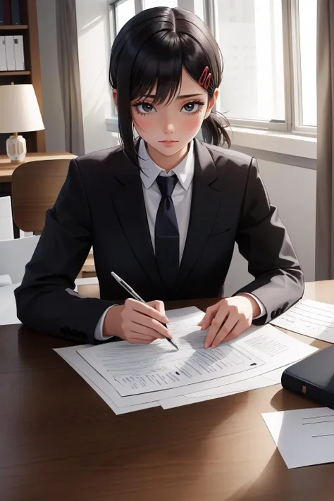 anime girl in business suit sitting at a desk with a laptop