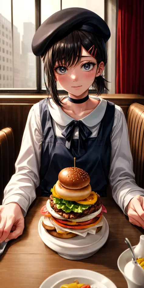 anime girl with a hamburger and a fork in her hand