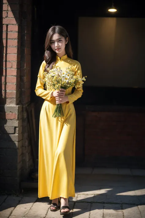 a woman in a yellow dress holding a bouquet of flowers