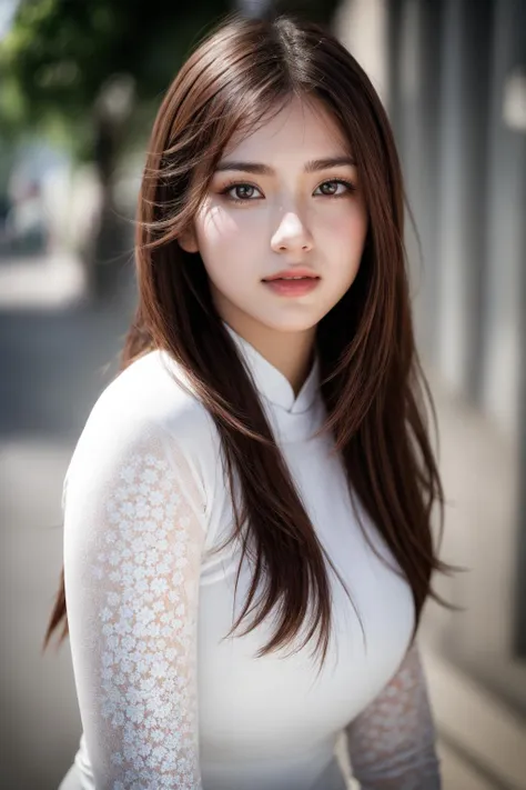 a woman with long brown hair and white shirt posing for a picture