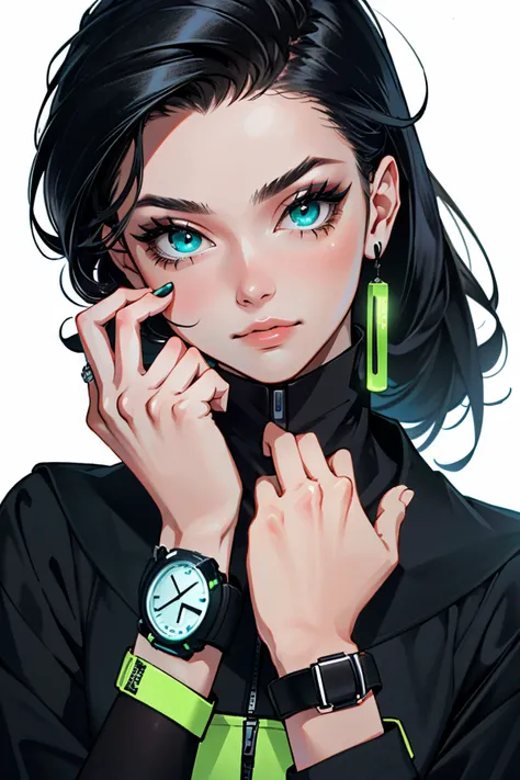 ( masterpiece, best quality, highres:1.3)
(SitaraWatch:1.49), 1girl, solo, green make up, black hair
 <lora:SitaraWD-000008:0.9>