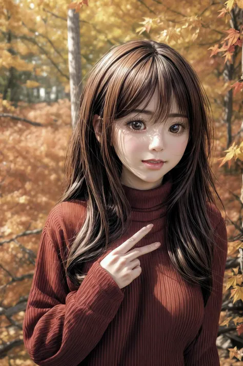 rare angle, [:(detailed face:1.2):0.2], extra resolution, portrait of (AIDA_PiperAkira:1.15) as cute 20yo girl in the (autumn:1.5) park, reddish brown eyes, big eyes with elegant eyelashes, black hair, (wearing warm red sweater:1.3), (sweater:1.3), smiling...