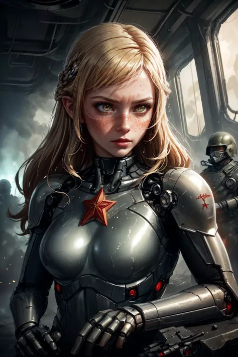 a woman in a futuristic suit with a gun and a machine