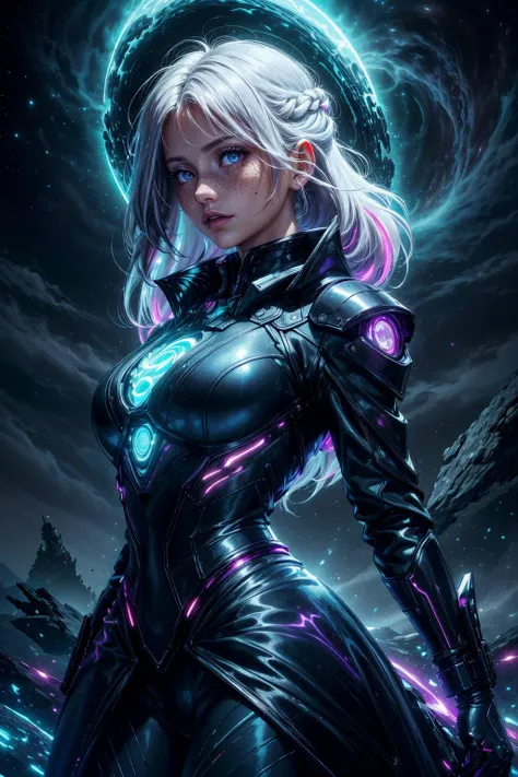 a woman in a futuristic suit with glowing lights and a halo