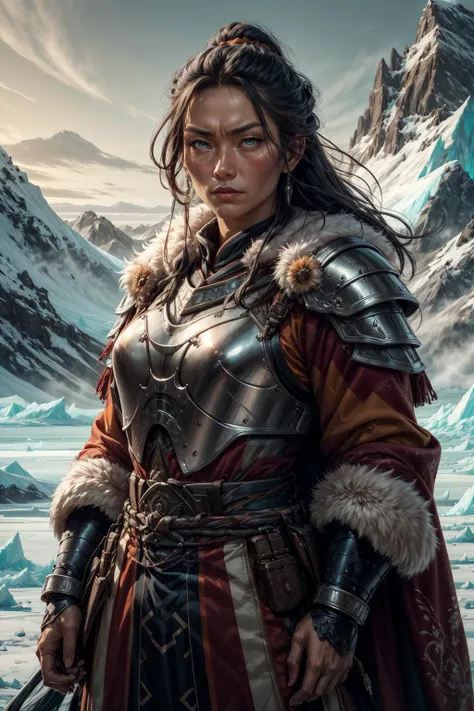 a woman in armor standing in front of a mountain