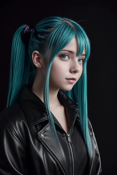 best quality, extra resolution, close up portrait of AIDA_SayaMiku as cute girl with long cyan hair, ornamental cyan hair, (double ponytail cyan hairstile), pretty face, naughty, funny, happy, playful, intimate, flirting with camera, wearing leather coat, ...