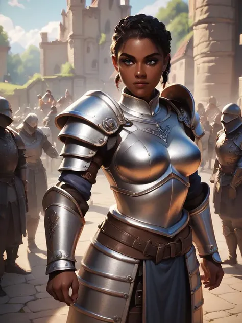 a woman in armor standing in front of a crowd of people