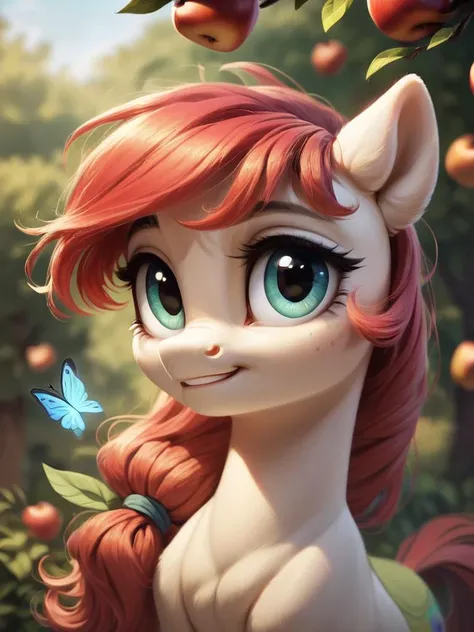 a close up of a pony with long hair and a butterfly in her mouth