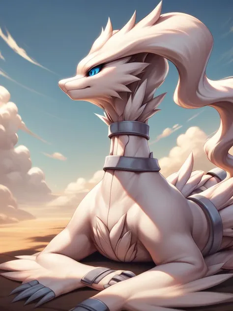 a close up of a white dragon with blue eyes sitting on a rock